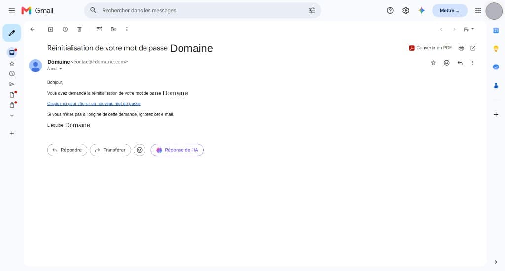 E-mail de réinitialisation reçu en boîte de réception, sous le domaine du client