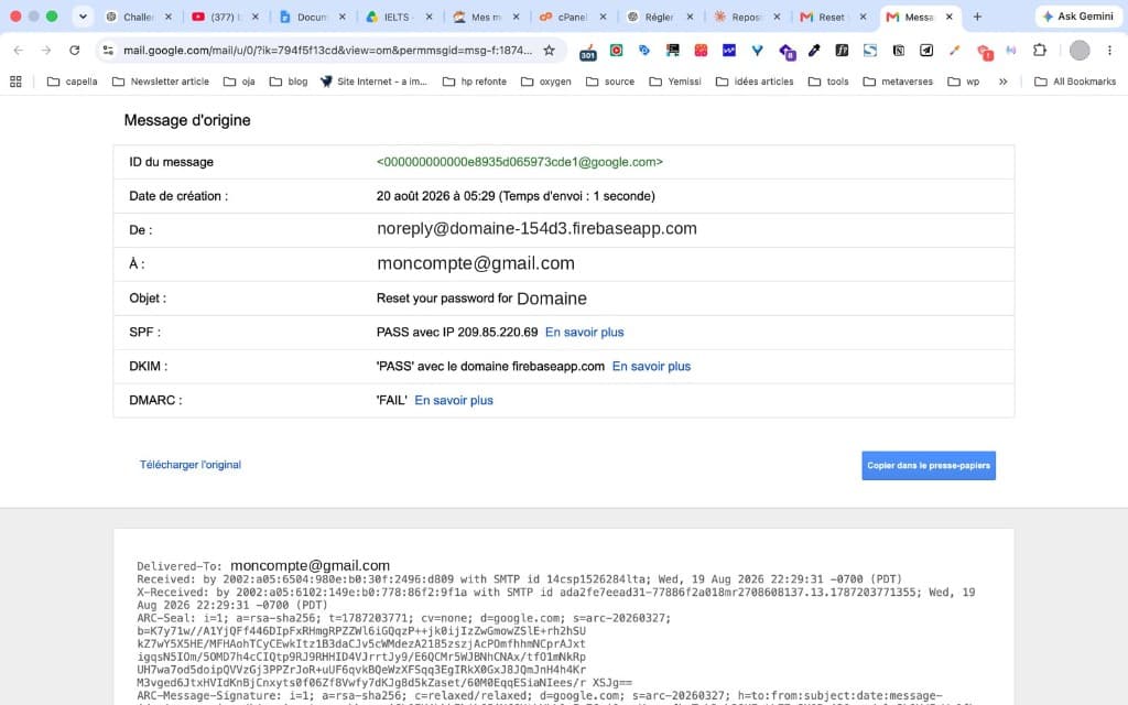 En-têtes Gmail montrant DKIM signé par firebaseapp.com et DMARC en échec