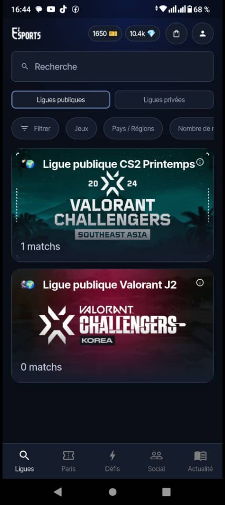 Capture d'écran de l'application mobile EZ-Sports