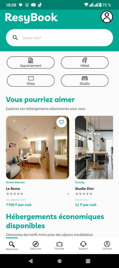 Capture d'écran de l'application mobile ResyBook